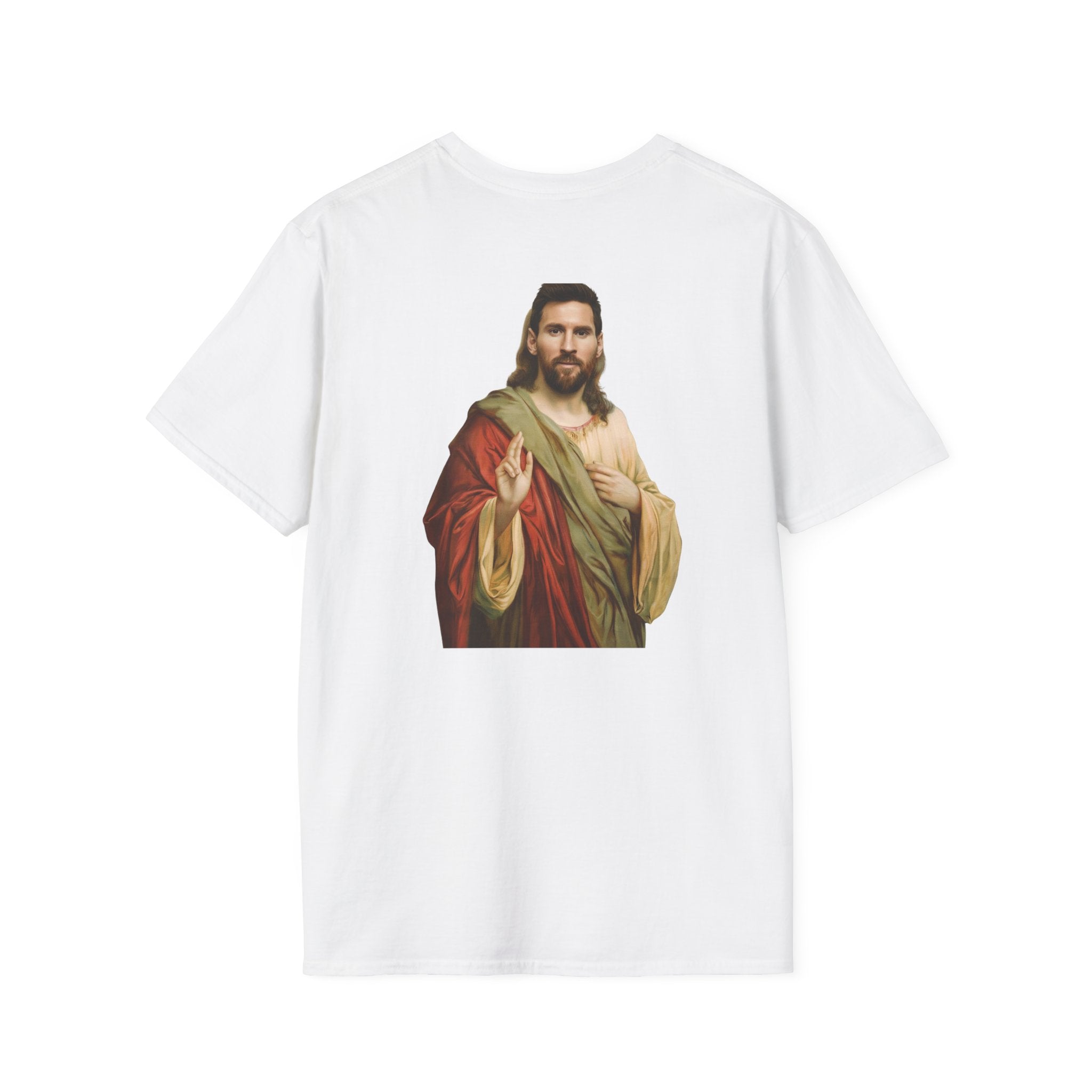 Messi 10 Soccer Jersey T‑Shirt — Back Print Jesus Portrait Graphic Tee