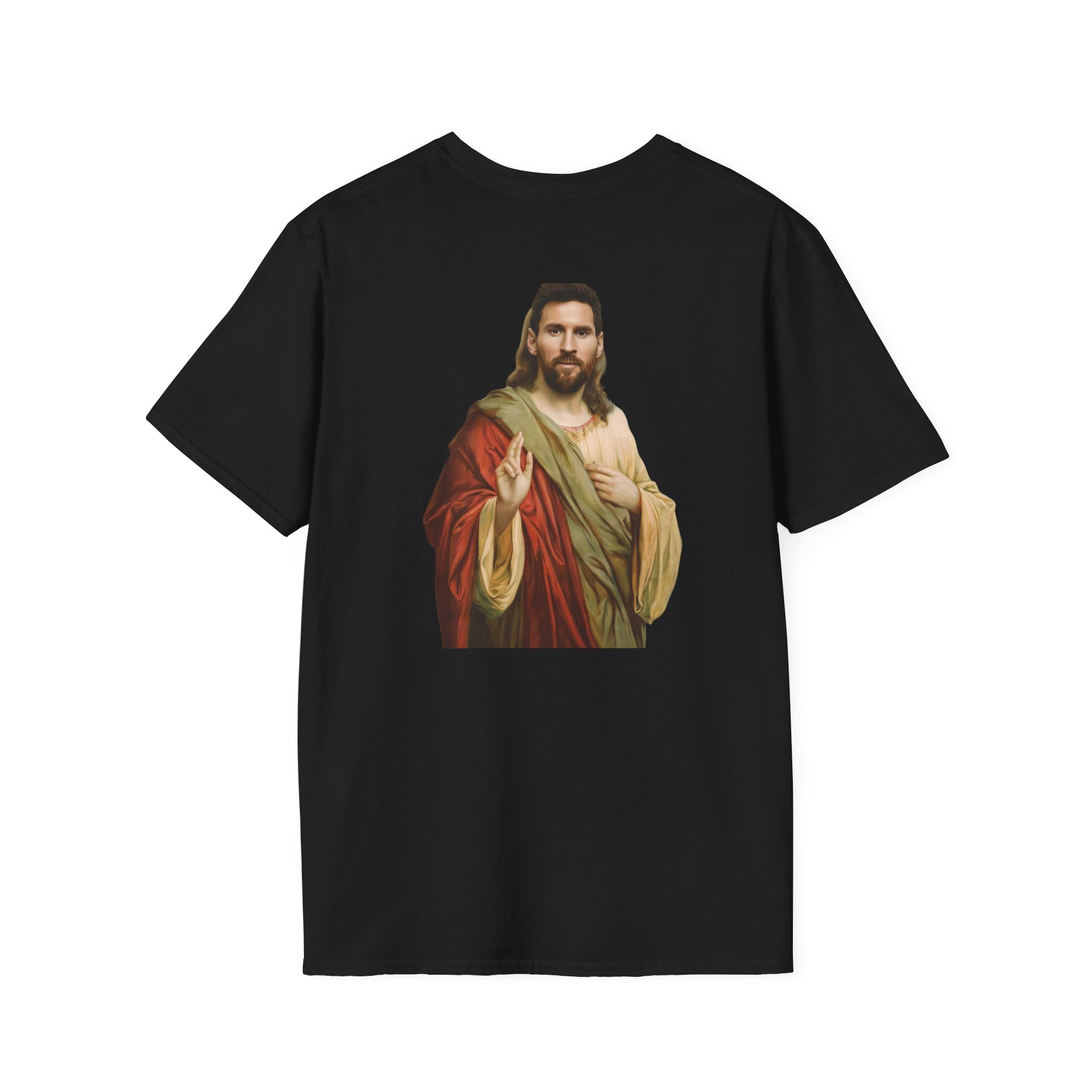 Messi 10 Soccer Jersey T‑Shirt — Back Print Jesus Portrait Graphic Tee